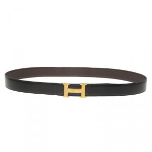 Pre Owned Hermes Black and Brown Leather H Buckle Reversible Belt 105 CM