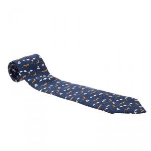Pre Owned Hermes Navy Blue Wolf, Clouds & Chicken Print Silk Tie