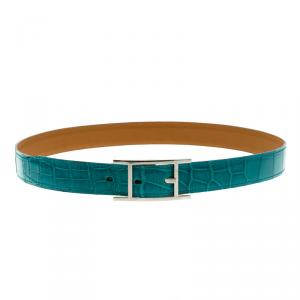 Pre Owned Hermes Blue Paon Porosus Crocodile Palladium Quentin Belt 85 CM