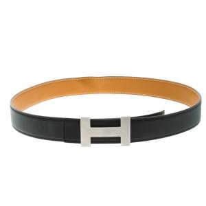 Pre Owned Hermes Black/Brown Box and Epsom Leather Quizz Buckle Belt 85 CM