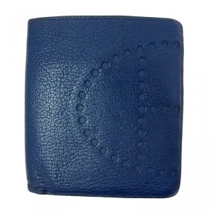 Hermes Blue Leather Logo Bi-Fold Wallet