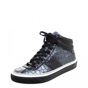 Jimmy Choo Black Metallic Crocodile Embossed Leather Belgravia High Top Sneakers Size 43