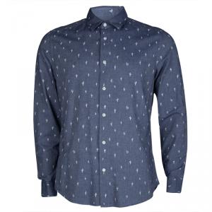 Pre Owned Kenzo Men's Indigo Chambray Cactus Print Long Sleeve Buttondown Slim Fit Shirt L