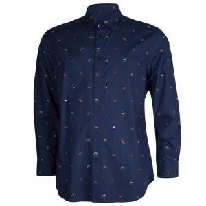Pre Owned Kenzo Navy Blue Cotton Spaceship Print Long Sleeve Buttondown Slim Fit Shirt L