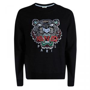 Kenzo Black Striped Knit Embroidered Tiger Motif Sweatshirt XXL