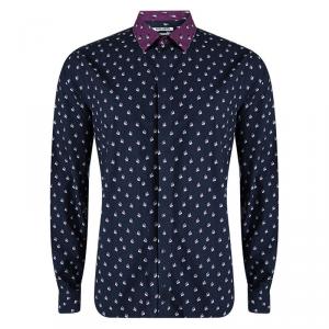 Pre Owned Kenzo Navy Blue Contrast Collar Printed Button Down Shirt XL