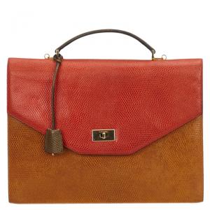 Lancel Bi Color Lizard Embossed Leather Attache Briefcase