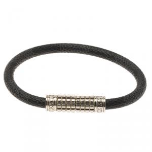 Pre Owned Louis Vuitton Digit Damier Ardoise Taiga Leather Silver Tone Bracelet 19cm