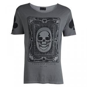 مملوكة مسبقًا Philipp Plein Grey Skull Print Embellished T-Shirt L