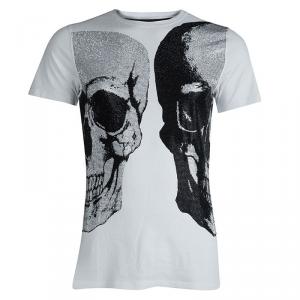 مملوكة مسبقًا Philipp Plein White Skull Print Embellished Cotton T-Shirt L