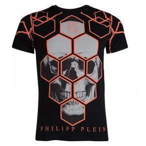 Pre Owned Philipp Plein Black Orange Contrast Skull Print T-Shirt M