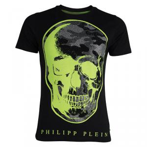 Pre Owned Philipp Plein Black Contrast Skull Print Embellished Crew Neck T-Shirt L