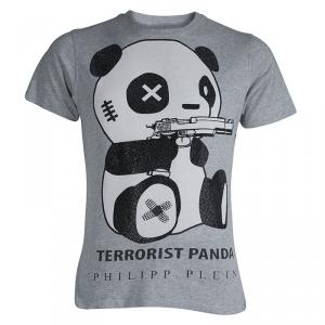 مملوكة مسبقًا Philipp Plein Grey Embellished Terrorist Panda Print T-Shirt L