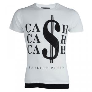 مملوكة مسبقًا Philipp Plein White Embellished Cash Print Crew Neck T-Shirt L