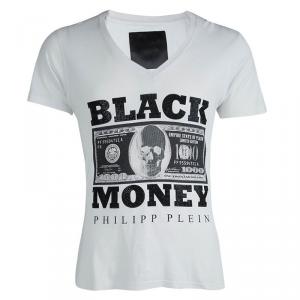 مملوكة مسبقًا Philipp Plein White Embellished Black Money V-Neck T-Shirt L