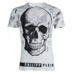 مملوكة مسبقًا Philipp Plein White Embellished Skull Print Crew Neck  T-Shirt L