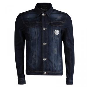 مملوكة مسبقًا Philipp Plein Indigo Distressed Denim Embellished Skull Motif Johnny's Jacket L