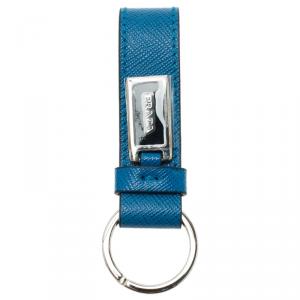 Prada Blue Saffiano Leather Logo Strap Key Chain 