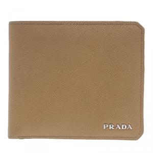 Prada Camel American Saffiano Bi-Fold Corner Wallet