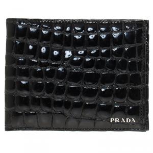 Prada Black Crocodile Embossed Patent Bi-Fold Wallet