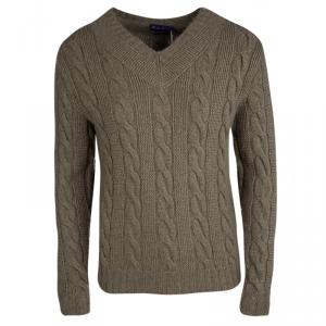 Pre Owned Ralph Lauren Light Brown V- Neck Cable Handknit Sweater S