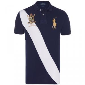 Pre Owned Polo Ralph Lauren Navy Blue/White Stripe Logo Polo Shirt L