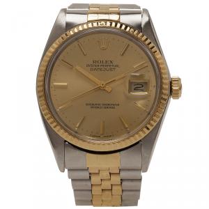 Pre Owned Rolex Champagne Stainless Steel and 18K Yellow gold Datejust Unisex Wristwatch 36MM