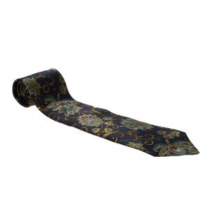 Saint Laurent Paris Blue Floral Print Silk Tie