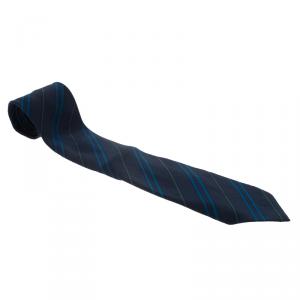 Saint Laurent Paris Blue Striped Logo Silk Tie