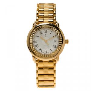 Saint Laurent Paris White Gold-Plated Stainless Steel Herrenuhr Men's Wristwatch 36MM