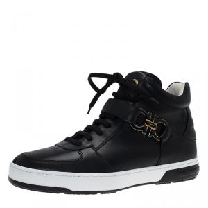 Salvatore Ferragamo Black Leather Nayon Gancio High Top Sneakers Size 43