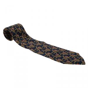 Pre Owned Salvatore Ferragamo Navy Blue Airplane and Pilot Print Silk Tie