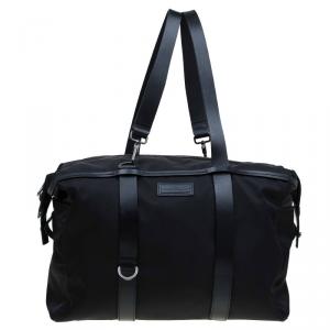 Salvatore Ferragamo Black Nylon and Leather Strap Weekender Bag
