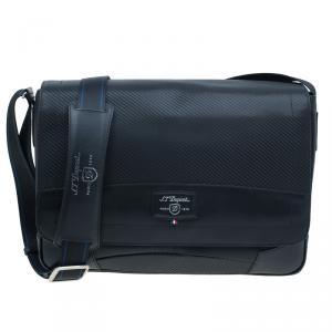 S.T. Dupont Black Leather Carbone Laptop Messenger Bag with Battery Pouch