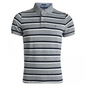 Tommy Hilfiger Grey and Navy Blue Striped Custom Fit Polo T-Shirt S