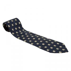 مملوكة مسبقًا  Valentino Navy Blue Silk Square Pattern Tie 