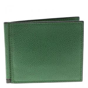 Valextra Green Leather Money Clip BiFold Wallet