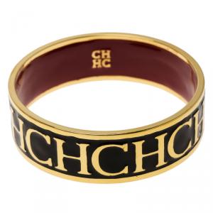 Pre Owned Carolina Herrera CH Logo Gold Tone & Black Enamel Wide Bangle Bracelet 20cm