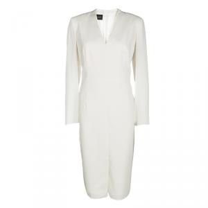 Akris Cream Wool Sheer Sleeve Detail V-Neck Dress L