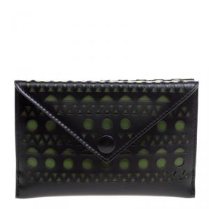 Alaia Black/Green Laser Cut Leather Mini Double Envelope Clutch
