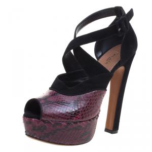 Alaia Burgundy Python and Suede Cross Strap Peep Toe Sandals Size 36