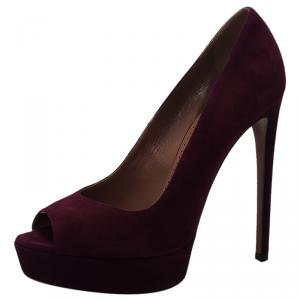 Pre Owned Azzedine Alaia Burgundy Suede Peep Toe Platform Pumps Size 38.5