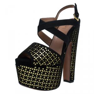 Azzedine Alaia Black and Metallic Gold Suede Cutout Platform Sandals Size 38