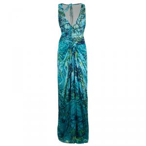 Alberta Ferretti Turquoise Printed Mesh Insert Ruched Sleeveless Gown L