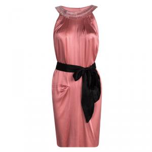 Alberta Ferretti Pink Silk Embellished Neck Detail Belted Sleeveless Dress S