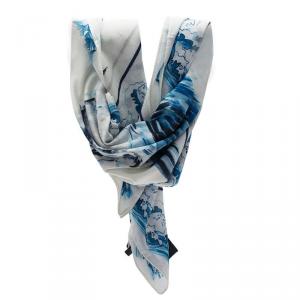 Pre Owned Alexander McQueen White Blue Hawks And Waves Print Cotton Square Scarf