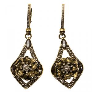 Pre Owned Alexander McQueen Crystal Jeweled Floral Gold Tone Long Earrings