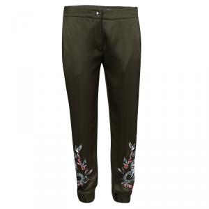 Pre Owned Alexander McQueen Olive Green Silk Snake Embroidered Jogger Pants S