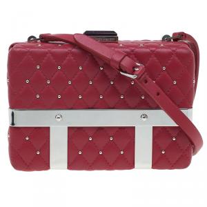 Pre Owned Alexander McQueen Red Quilted Leather Studded Caged Box Clutch