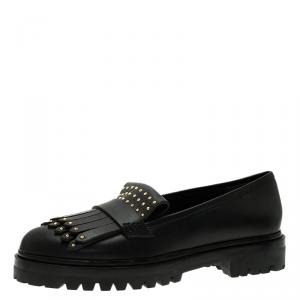 Pre Owned Alexander McQueen Black Leather Micro Studd Fringe Loafers Size 39.5